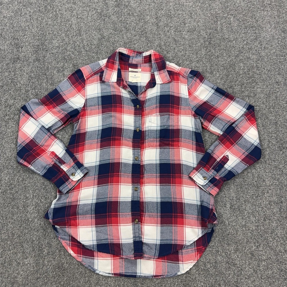 American Eagle Outfitters Shirt Womens M Red Blue Plaid Flannel Boyfriend Fit